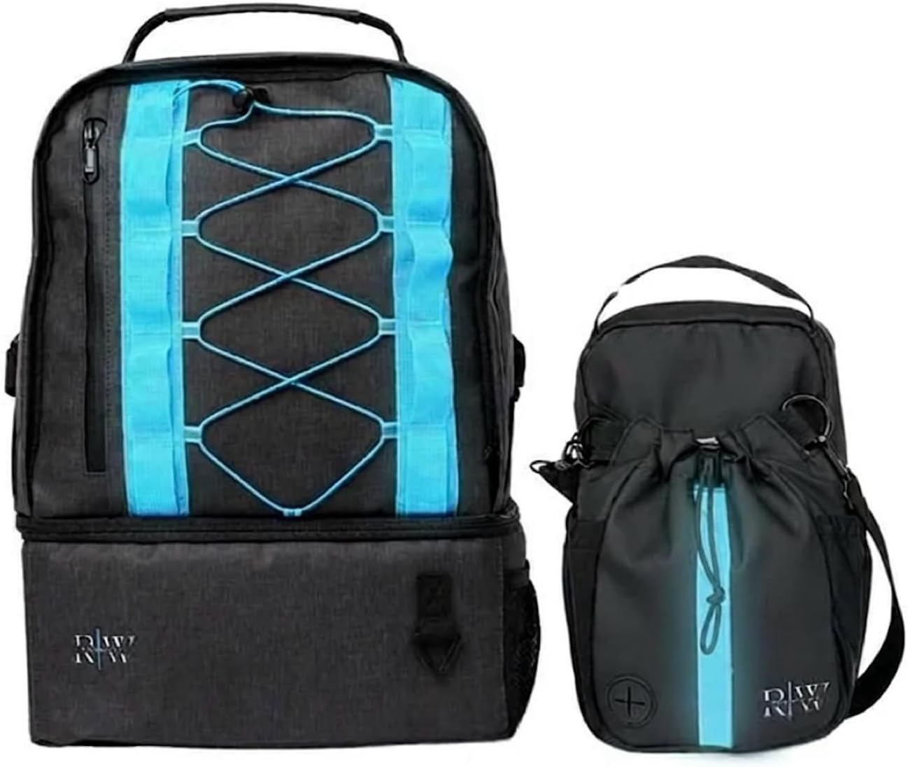 Red’s Way backpack and included detachable crossbody, both with blue glow strips
