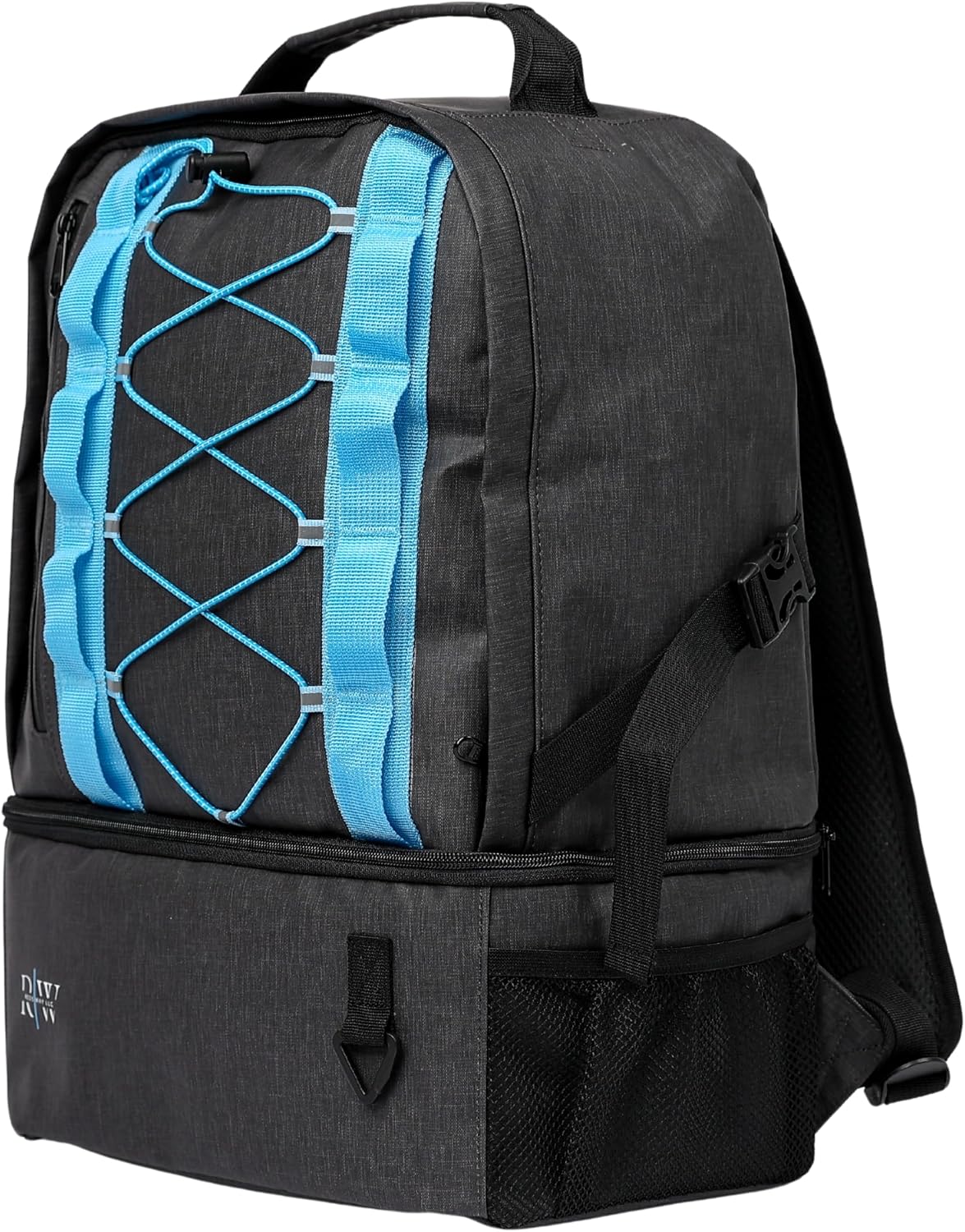 The backpack’s two signature aqua vertical strips, shown in daylight